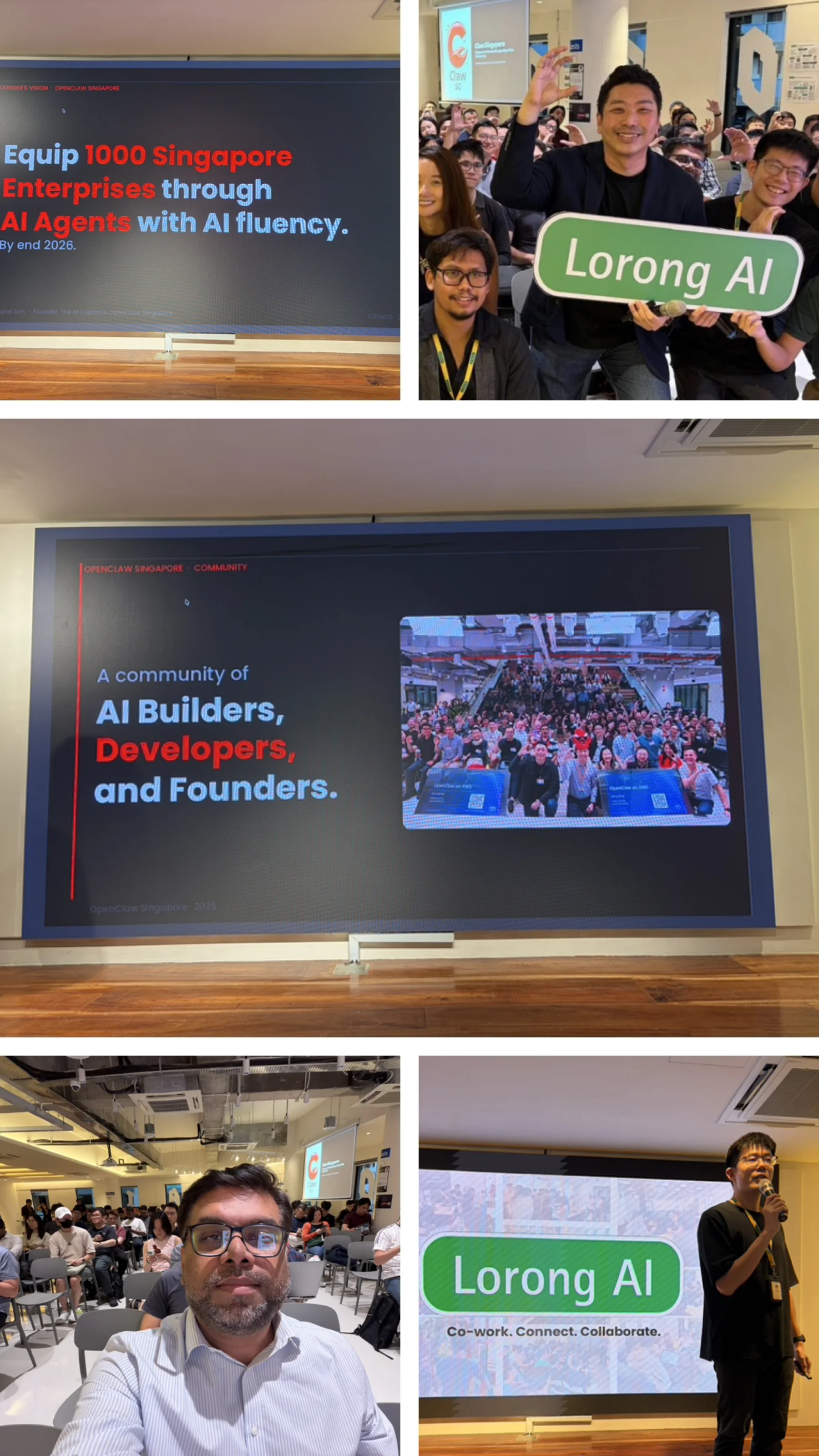 Collage from an OpenClaw Singapore community event, including Tanveer Riaz in the audience