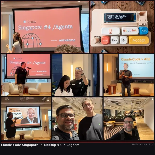 Nine-panel collage from Claude Code Singapore Meetup 4 showing projection screens, speakers, selfies, and an ultrathink keypad