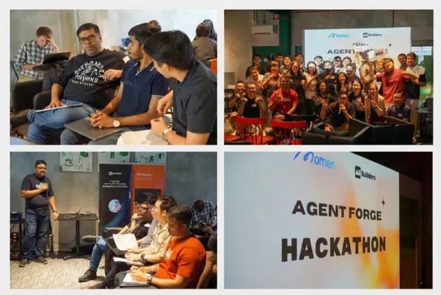 Agent Forge Hackathon collage with conversations, a group photograph, and a presenter with a microphone