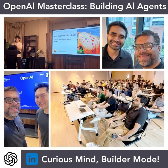 OpenAI masterclass collage showing an agent-building slide, presenters, selfies, and a classroom of attendees