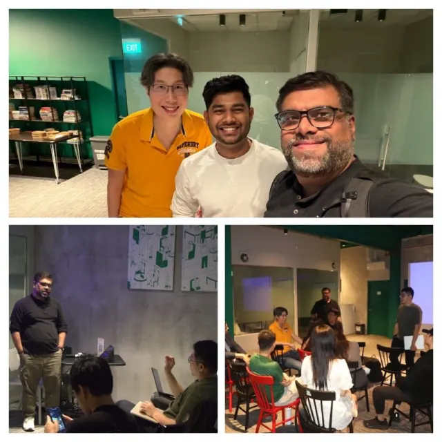 Collage of builders posing, presenting beside a table, and watching a projected talk in an office