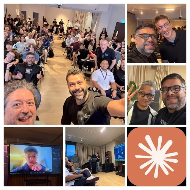 Collage of a cheering seated crowd, paired selfies, a video call, and a presenter at a podium