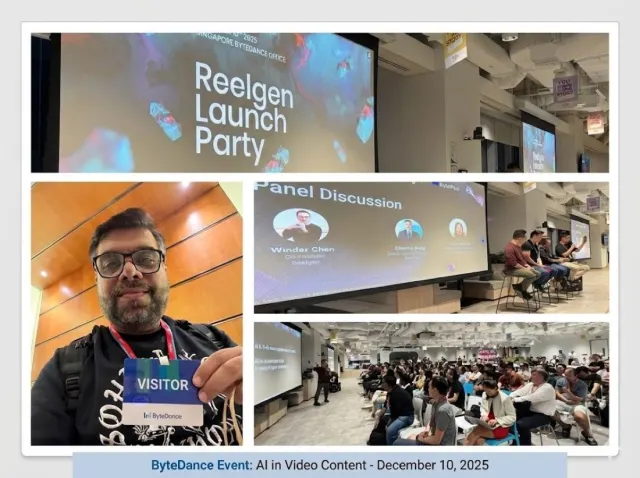 ByteDance event collage showing a Reelgen launch screen, a panel, visitor badge, and packed hall