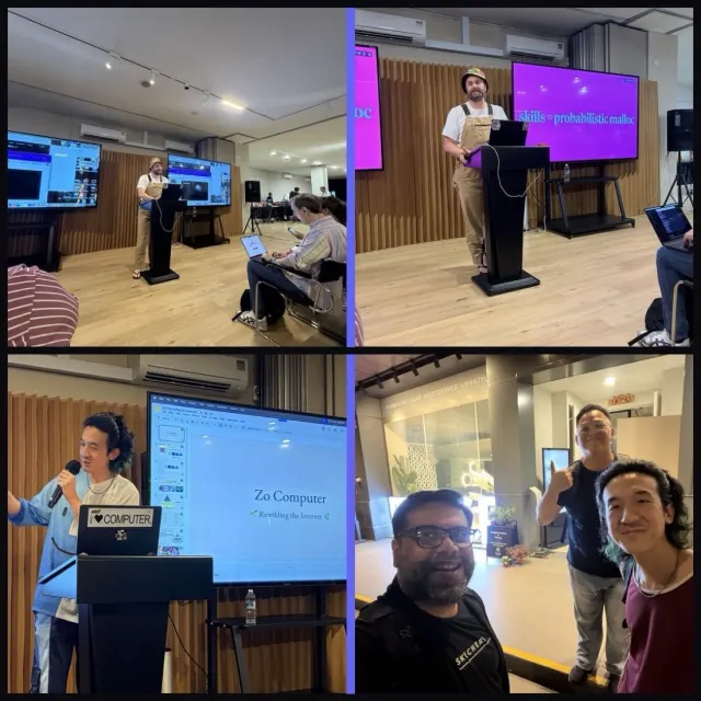 Four-panel Claude Code Singapore collage showing a speaker, an agent-skills slide, a computer screen, and a lobby group