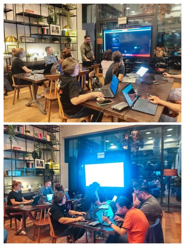 Two frames of a cafe workspace with open laptops and a presenter beside a wall screen