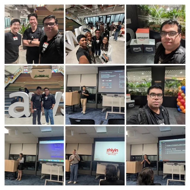 AWS office collage with group selfies and presenters discussing vibe coding and AI products