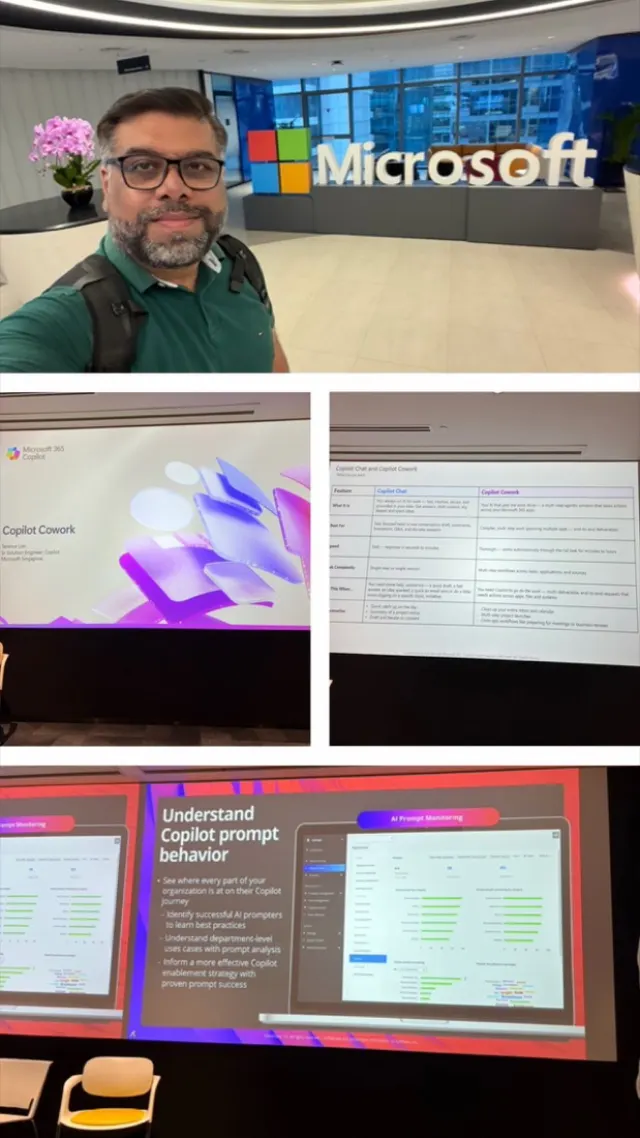 Microsoft event collage with a lobby selfie and slides about Copilot behaviour