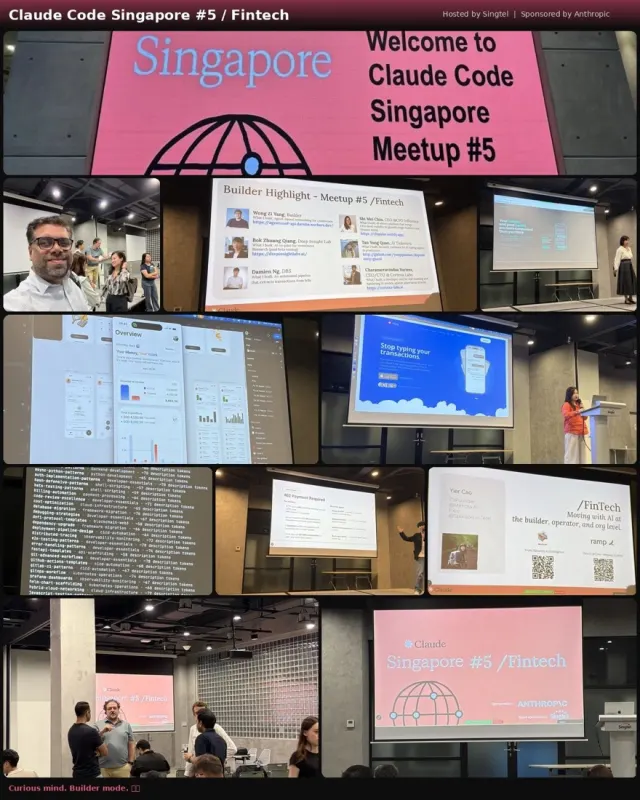 Claude Code Singapore fintech collage with a welcome slide, builder highlight, speakers, and seated attendees