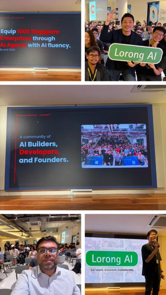 Lorong AI collage with slides about Singapore enterprises and a community of AI builders