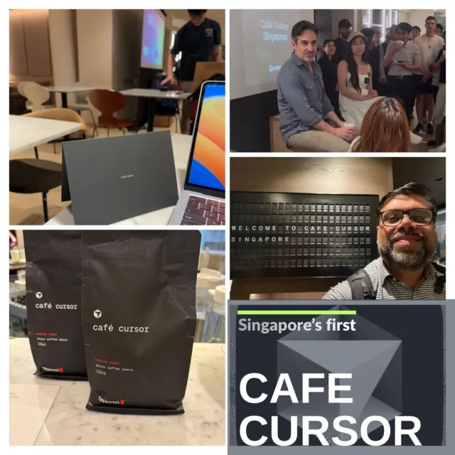 Cafe Cursor Singapore collage with a laptop, speaker, coffee bags, and welcome board
