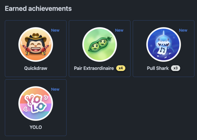 GitHub achievement shelf with Quickdraw, Pair Extraordinaire, Pull Shark, and YOLO badges
