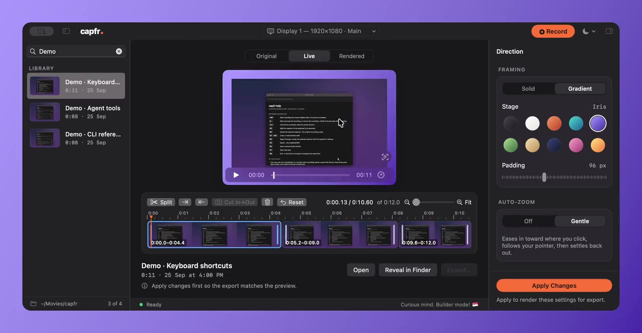 capfr screen studio with a recording preview, timeline, and editing controls