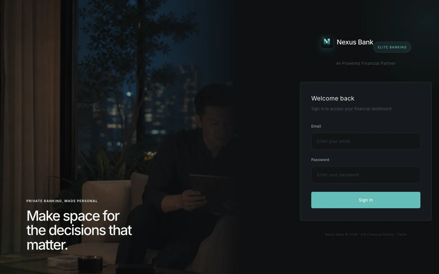 Nexus Bank fictional demo showing its dark branded login interface