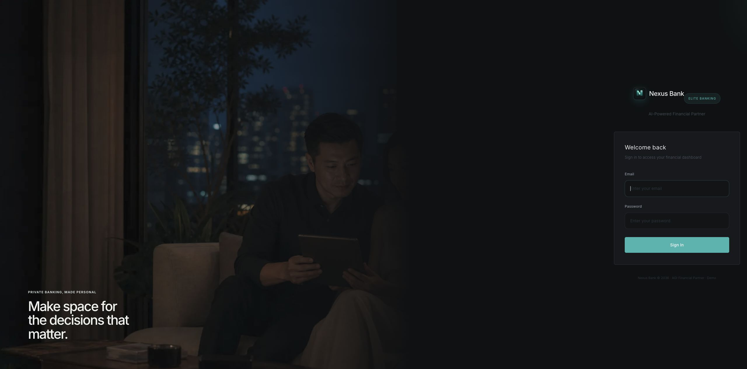 Nexus Bank fictional demo login interface with a dark visual system