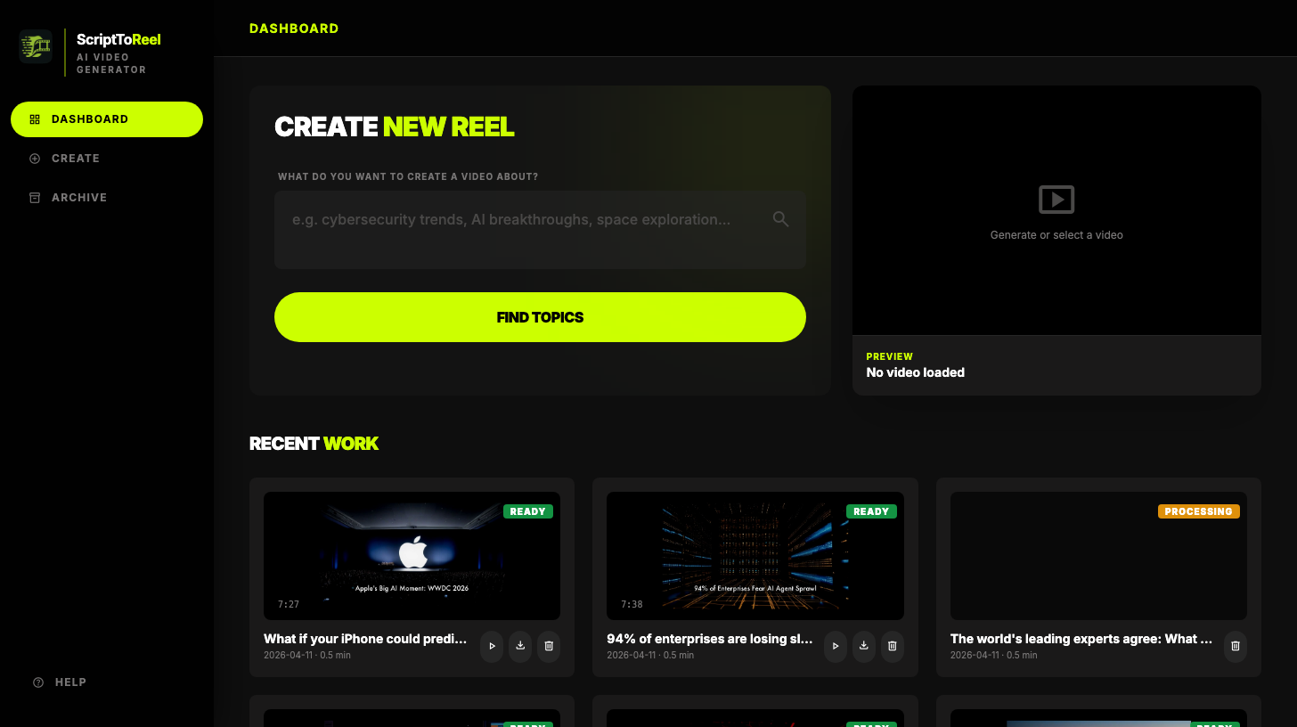 ScriptToReel local video generation dashboard