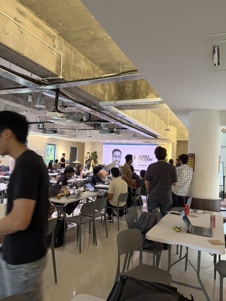 The hackathon room during demo presentations