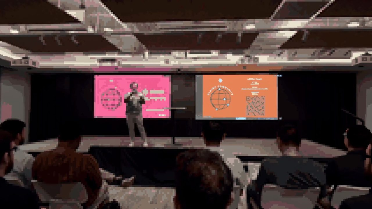 Pixel-art still of the real meetup room with speakers on stage