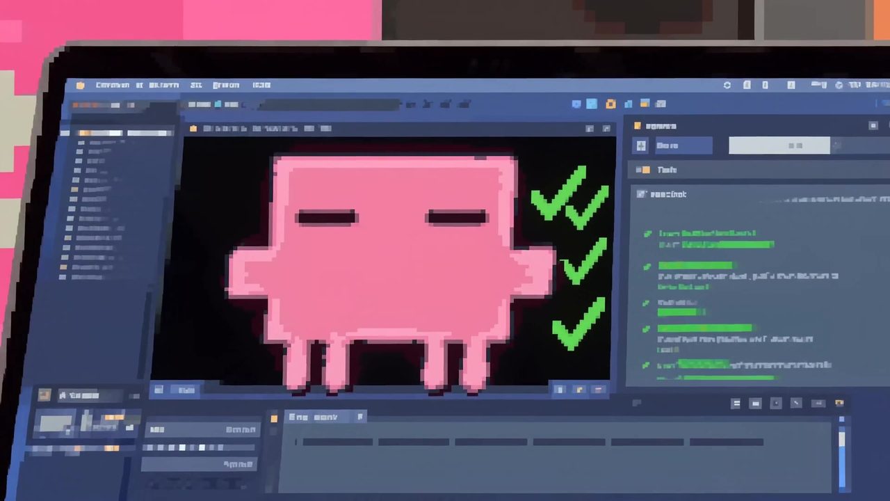Pixel-art still of an agent working through a checklist in a code editor
