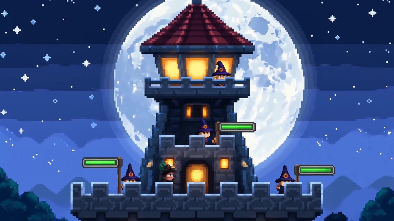 Pixel-art still of a wizard tower game world under a full moon