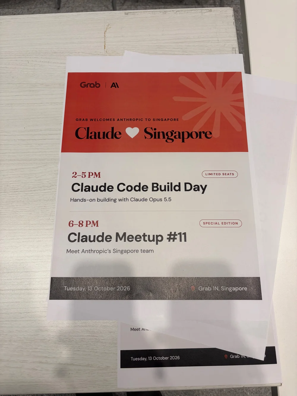 Original event programme: Claude Code Build Day from 2 to 5 PM and Claude Meetup number 11 from 6 to 8 PM, Tuesday 13 October 2026 at Grab in Singapore