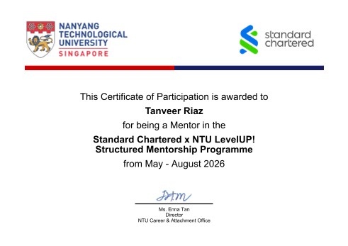 Certificate of participation for mentoring in the Standard Chartered and NTU LevelUP! structured mentorship programme, May to August 2026