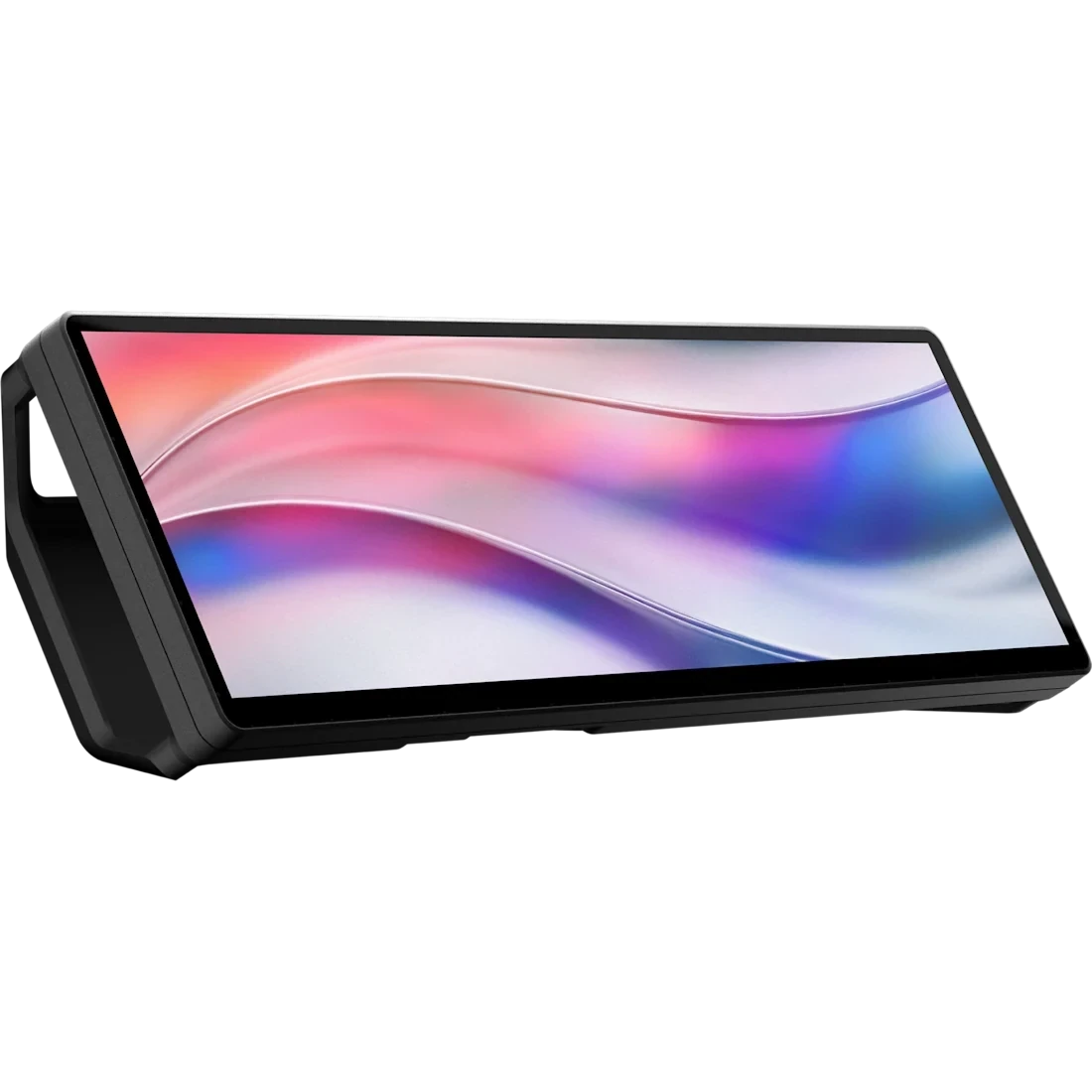 CORSAIR XENEON EDGE black ultrawide touchscreen on its desk stand, showing CORSAIR’s original pink and blue wallpaper.