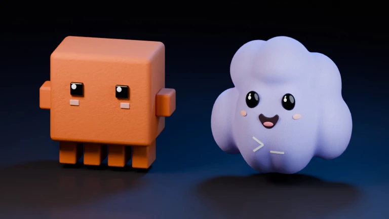 Rendered orange Claude companion beside a lavender Codex companion on a dark studio background.