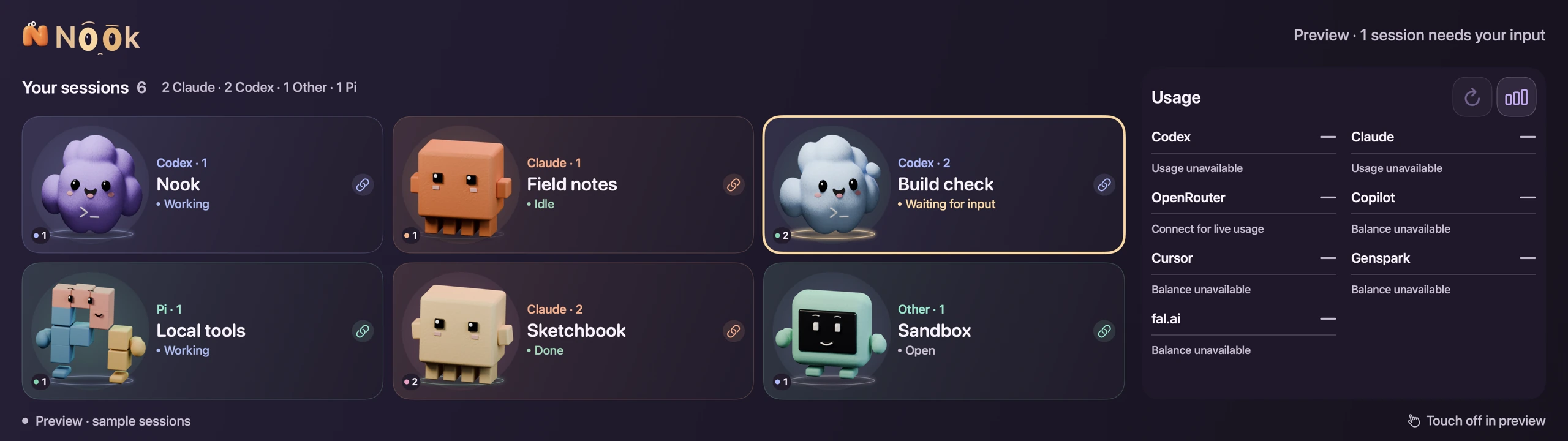 Native Nook dashboard showing six sample sessions, expressive companions, explicit task states and unavailable usage sources.