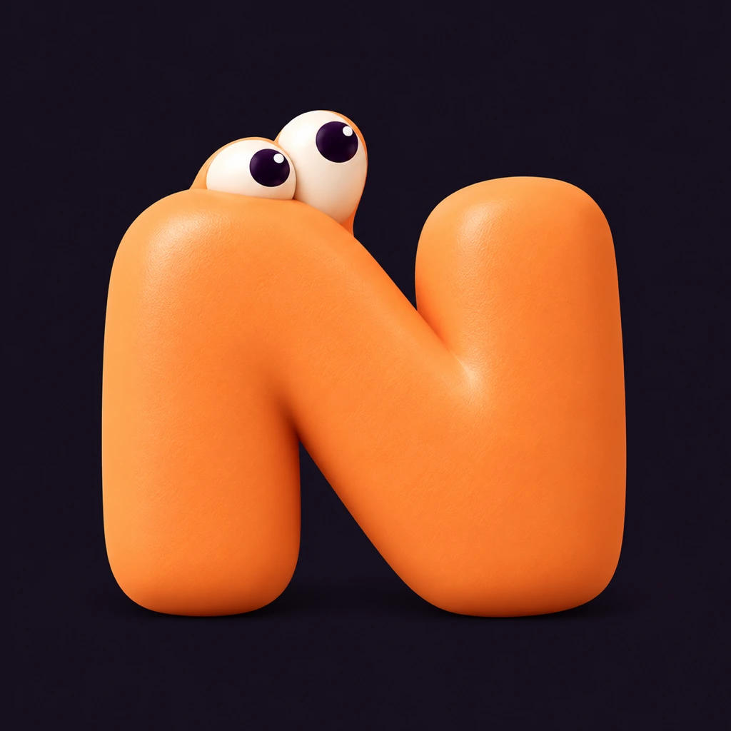 Nook’s soft orange capital N mascot with two close-set eyes on a dark purple background.