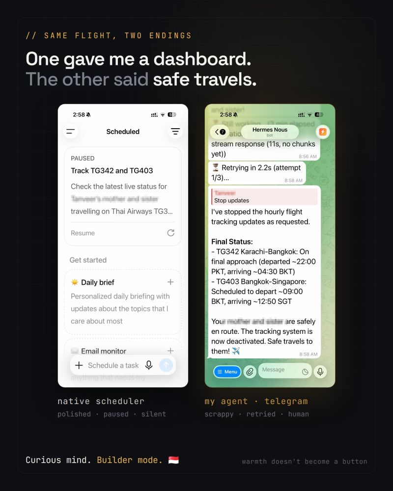 Side by side: a native scheduler showing a paused tracking task, next to a Telegram agent reporting both flights on final approach and safely en route