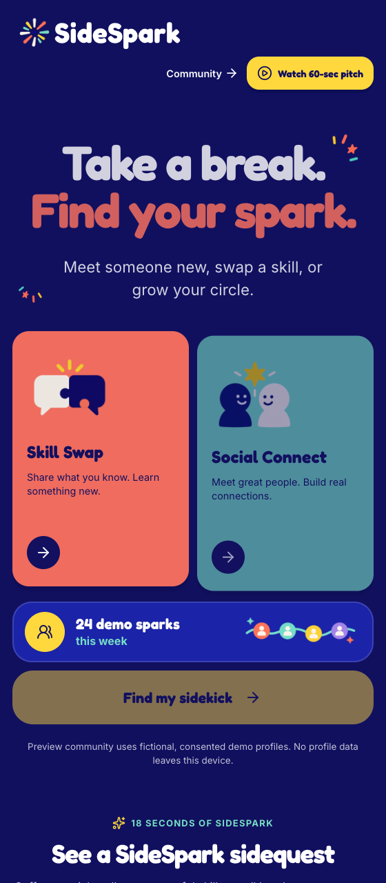 SideSpark landing screen with Skill Swap and Social Connect choices under the words Take a break, find your spark