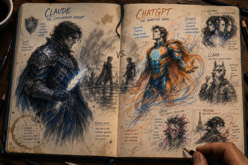 Sketchbook spread drawing six AI models as characters - Claude as a considerate knight, ChatGPT as an adaptive hero, alongside Gemini, Llama, Grok and Mistral