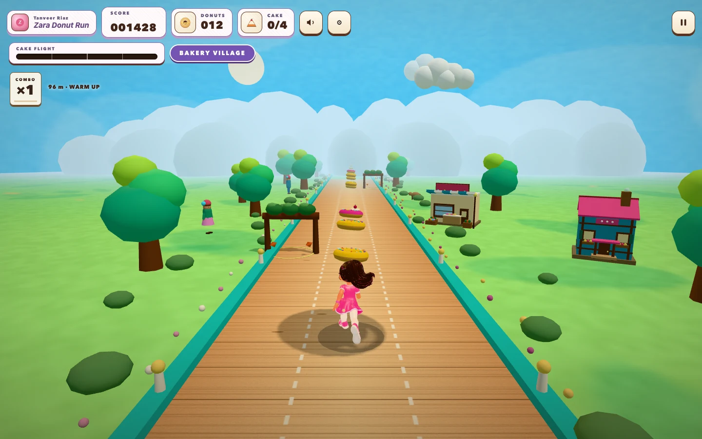 Zara running through Bakery Village toward donuts, with the score and donut counter visible