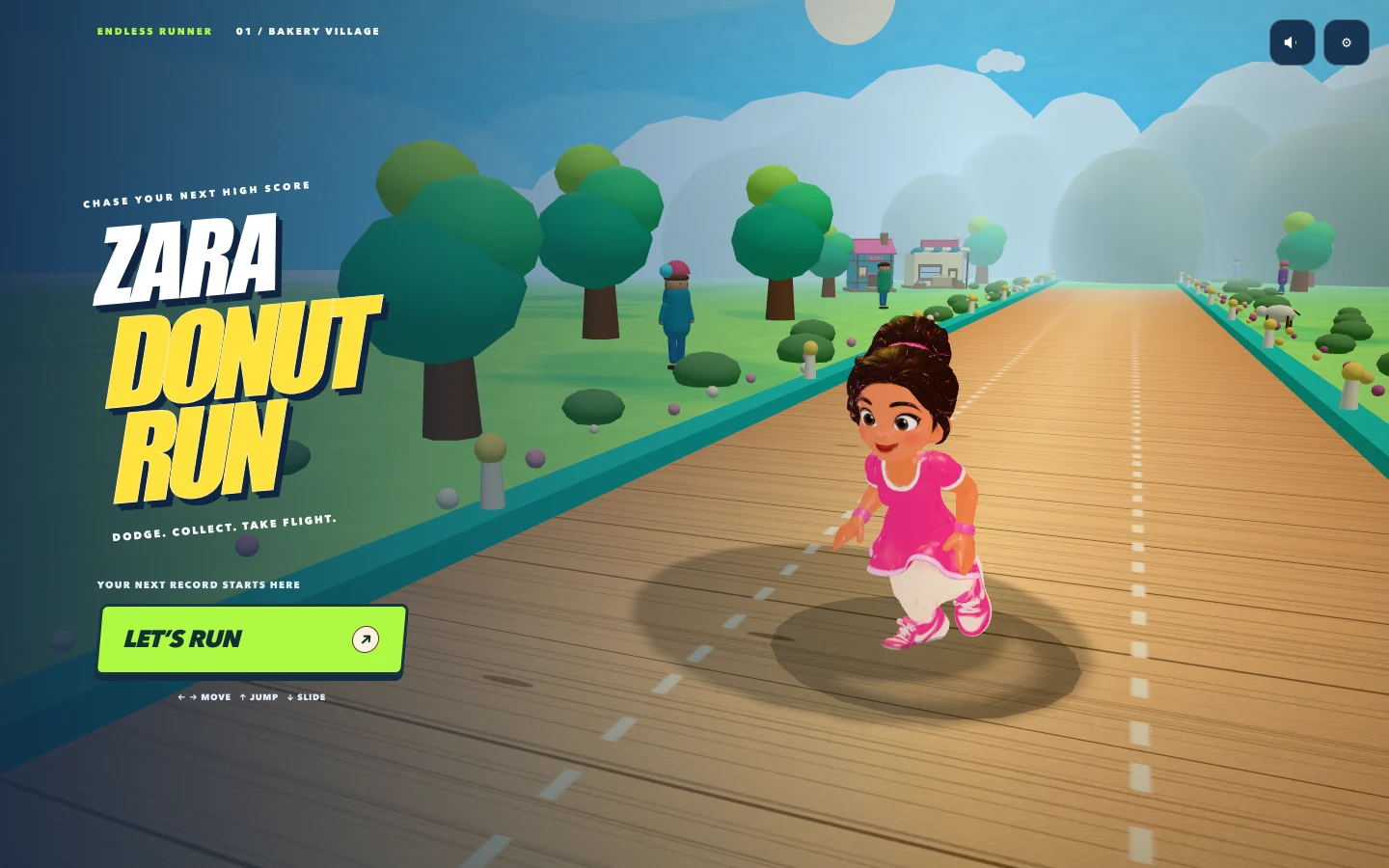 The live Zara Donut Run title screen, showing Zara in pink in Bakery Village and the Let’s Run button